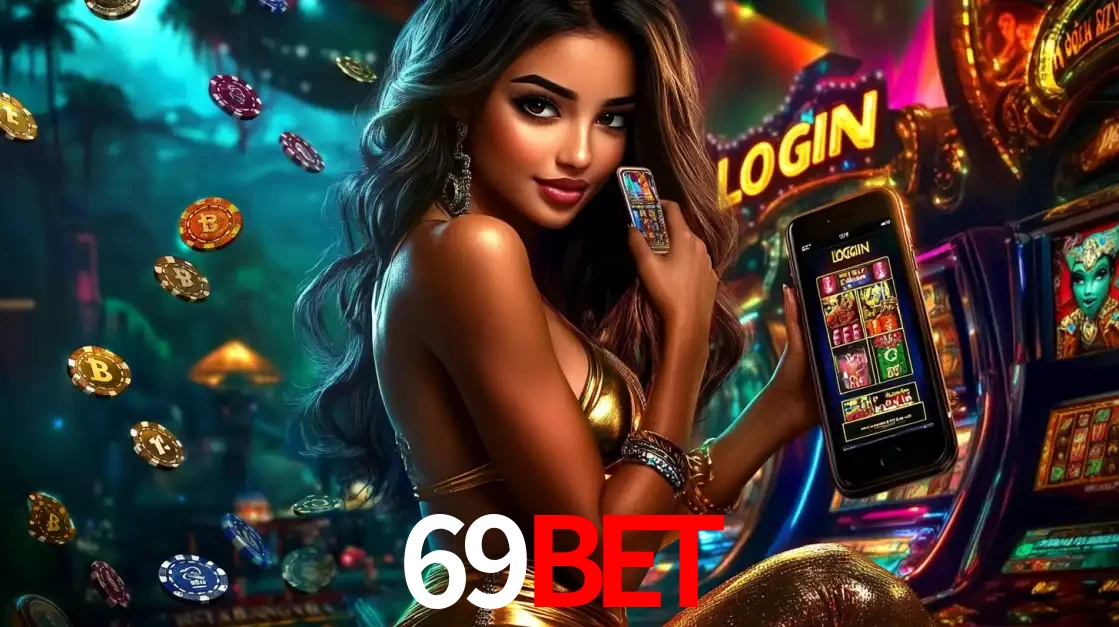 Mulher em um cenário de cassino temático de aventura, mostrando o app de caça-níqueis da 69BET no celular. Fichas de apostas flutuam ao redor.