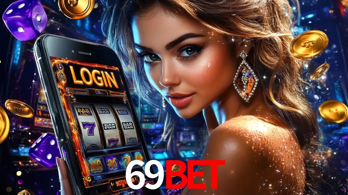 Mulher glamorosa segurando um smartphone com a tela de login para os jogos de caça-níqueis do cassino online 69BET, com moedas de ouro e dados ao redor.