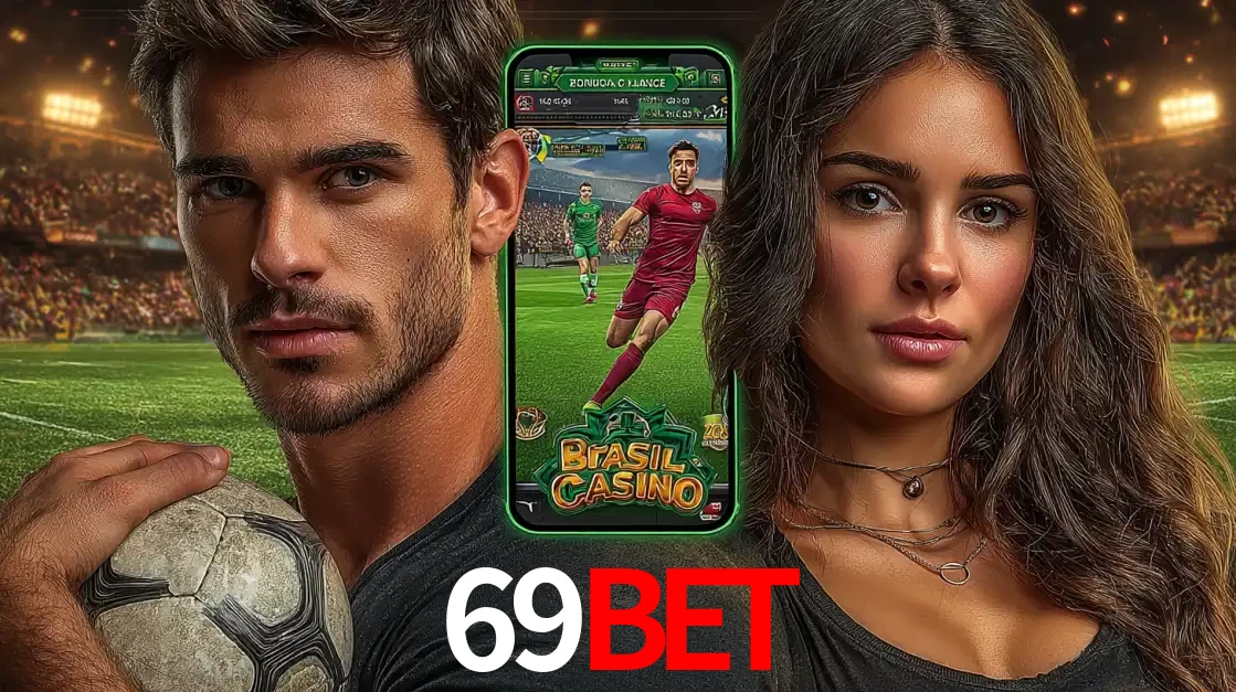 Homem segurando uma bola de futebol e uma mulher ao lado de um smartphone exibindo o jogo de apostas esportivas da 69BET. Faça seu palpite no cassino online.